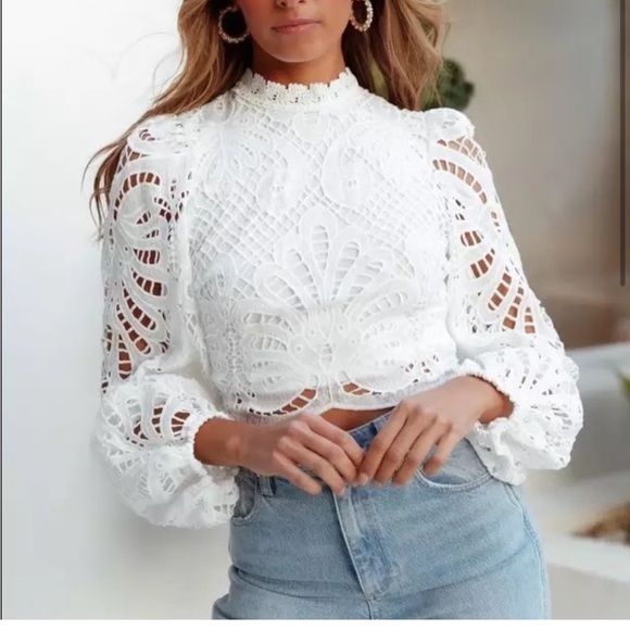 Cropped stand collar top, crafted in Intricate guipure lace. - Picture 3 of 8